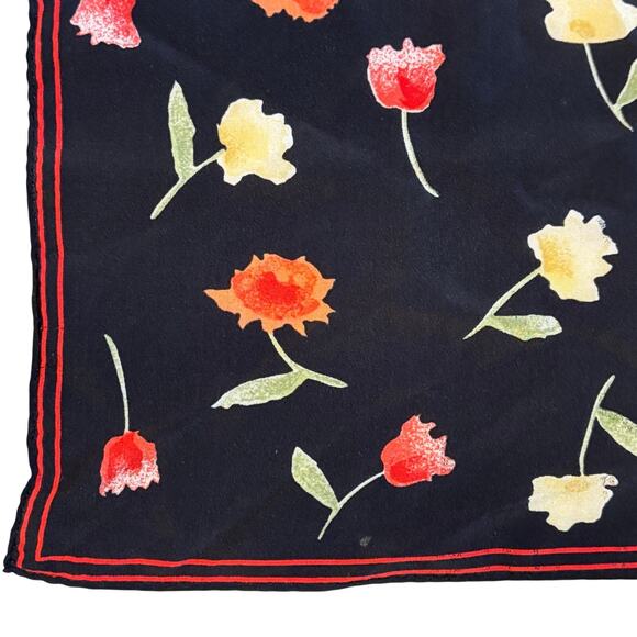 Silky Scarf Black & Multicolor floral neckerchief red green yellow small square - Picture 4 of 6